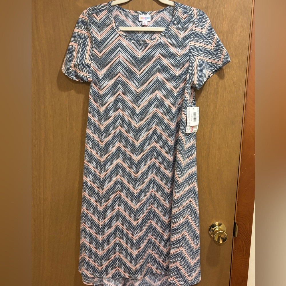 NWT LuLaRoe Carly Swing Dress Chevron Pink Burgundy Blue Small